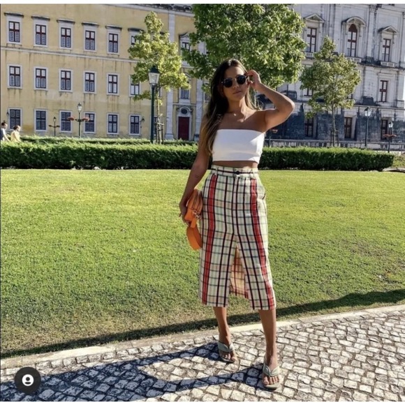 Zara EUC Structure Midi Tweed Checked Skirt Pencil Size S Pink Green - Picture 4 of 14